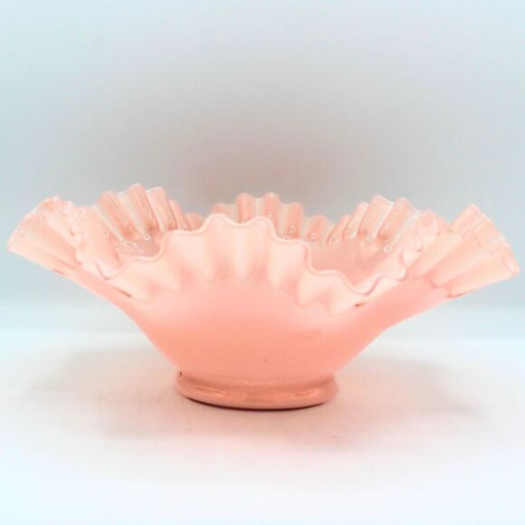 Vintage Fenton Rose Pink Serving Bowl Ruffled Ribbon Edge Pedestal Base 9.75" - Picture 2 of 5